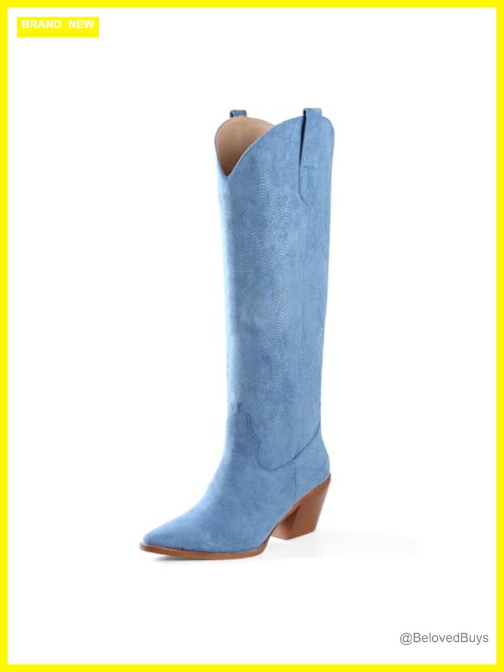 Faux Suede Knee High Cowboy Boots Pointed Toe Block Heel Embroidered Pull On